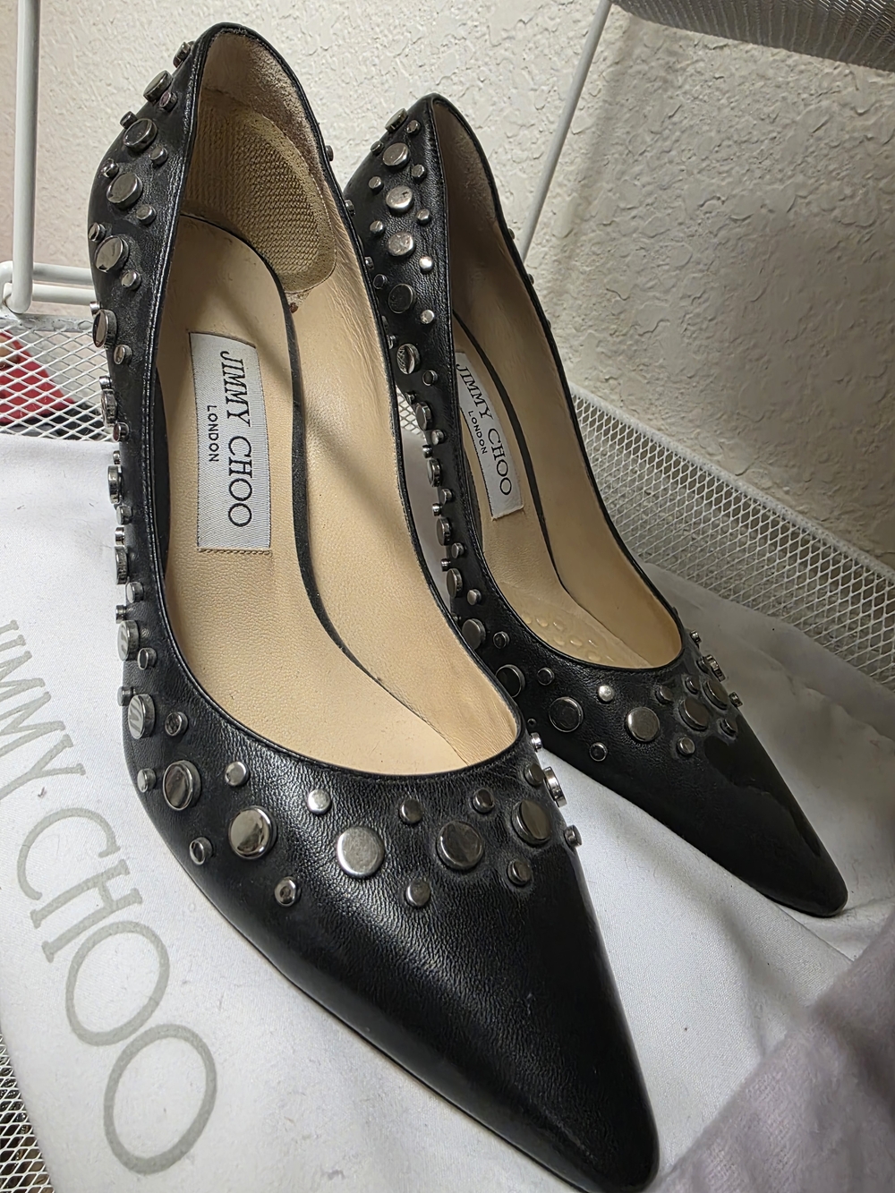 Jimmy Choo Black Leather Studded Pointed-Toe Pumps
